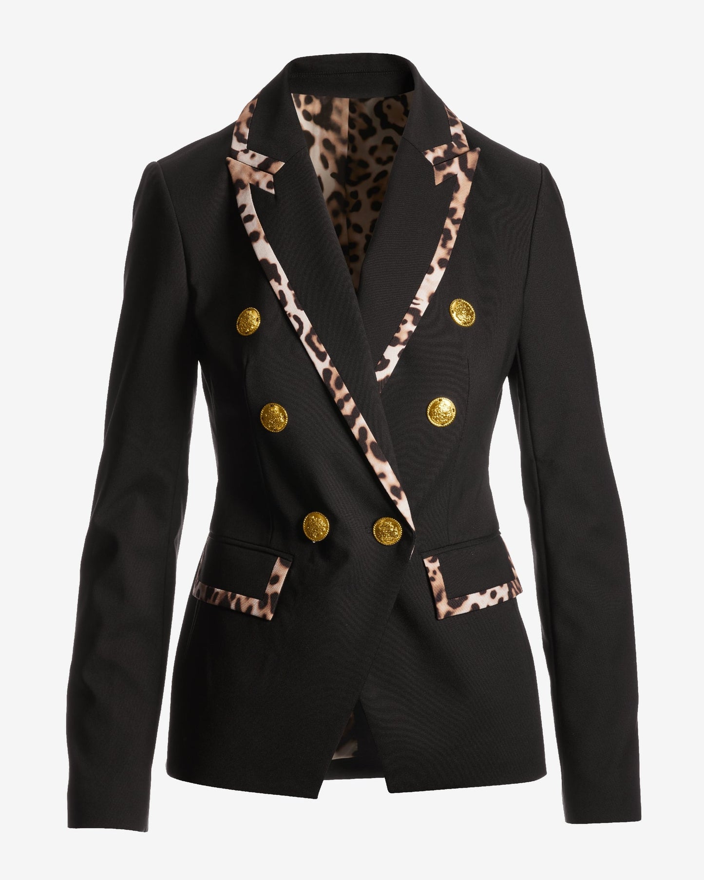 Exploded Cheetah Trim Modern Double Breasted Blazer Neutral
