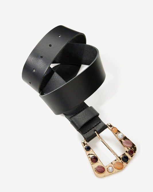 Hammered Gold with Stones Buckle Belt Black