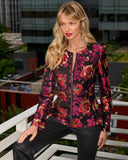 Floral Metallic Jacquard Peplum Collarless Zip Jacket Black Multi