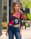 So Modern Watercolor Floral Three Quarter V Neck Top Multi
