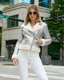 Metallic Faux Leather Sherpa Lined Moto Coat Silver