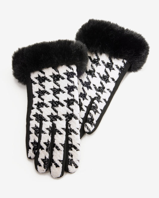 Houndstooth Faux Fur Glove Black