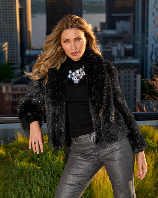 Metallic Faux Fur Shawl Collar Chubby Black/Silver