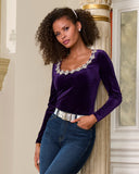 Velvet Scoop Neck Embellished Top Purple