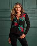 Holiday Floral Embellished Zip Up Cardigan Black Multi