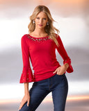 Embellished Boat Neck Flare Sleeve Sweater Racing Red
