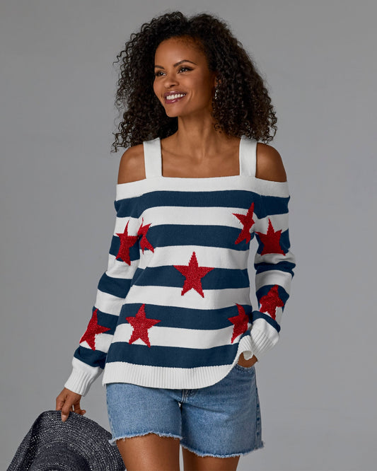 Cold Shoulder Printed Sweater Red White and Beautiful