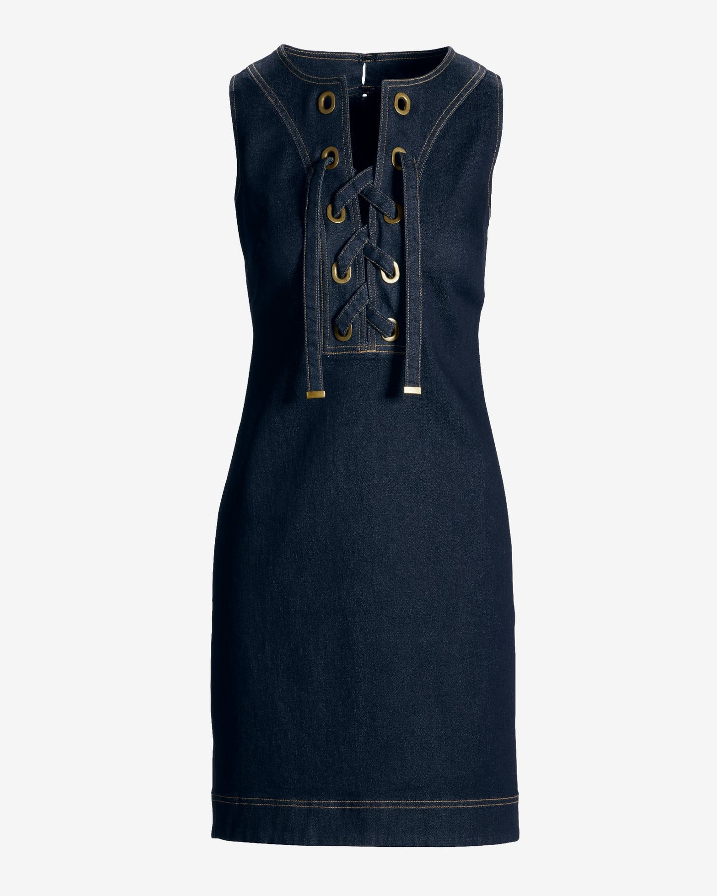 Sleeveless Lace Up Grommet Detail Denim Tunic Dress Rinse
