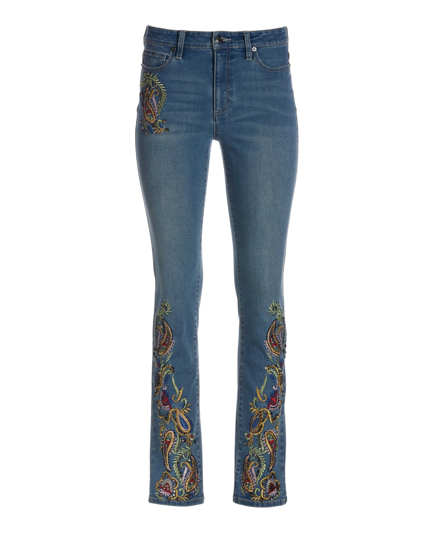 Paisley Embroidered And Embellished Denim Jean Medium Wash