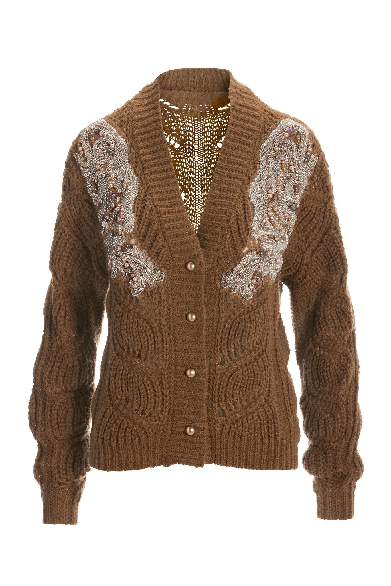 Embellished Open-Stitch Short Cardigan Sweater Brown