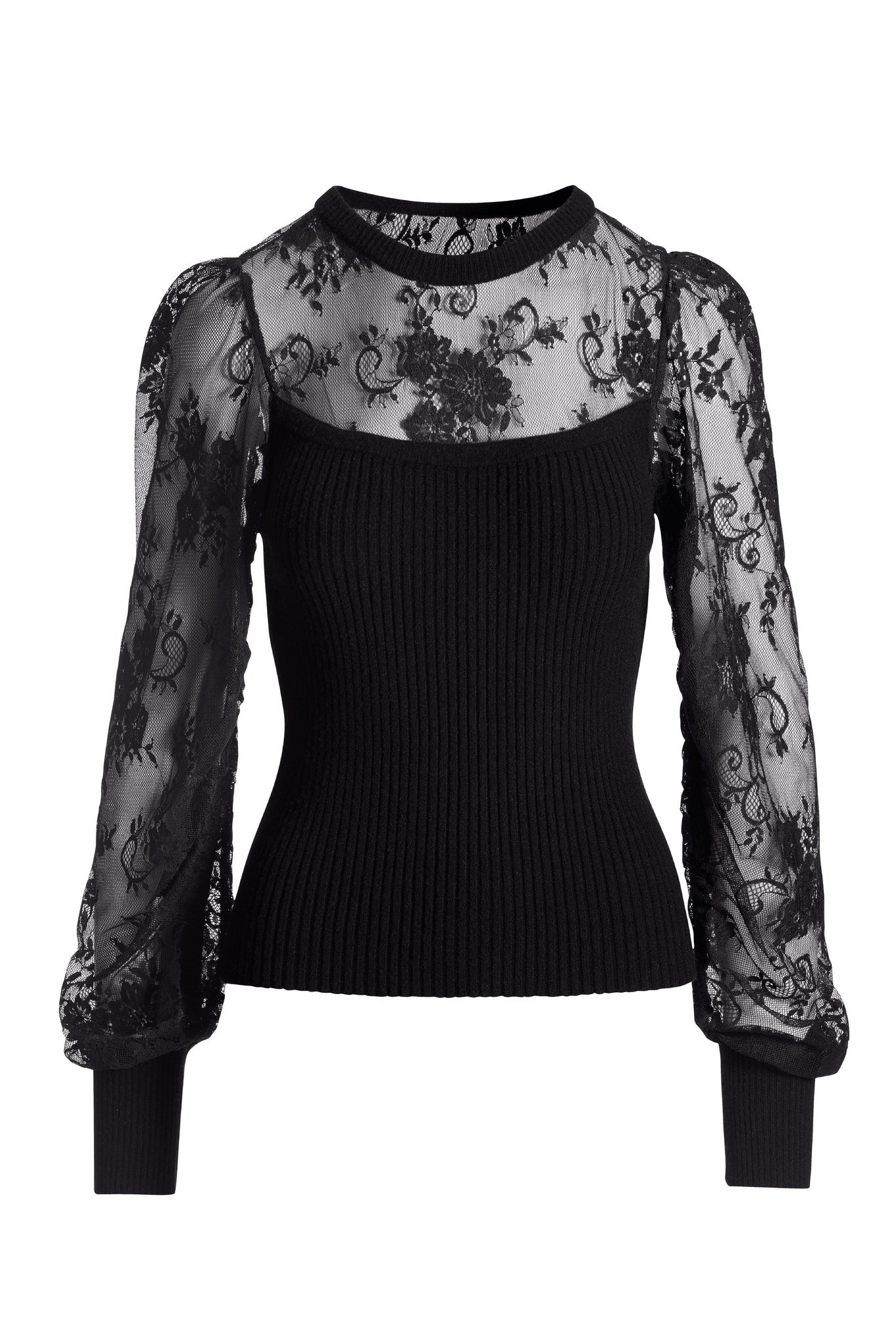 Lace Illusion Balloon-Sleeve Sweater Black