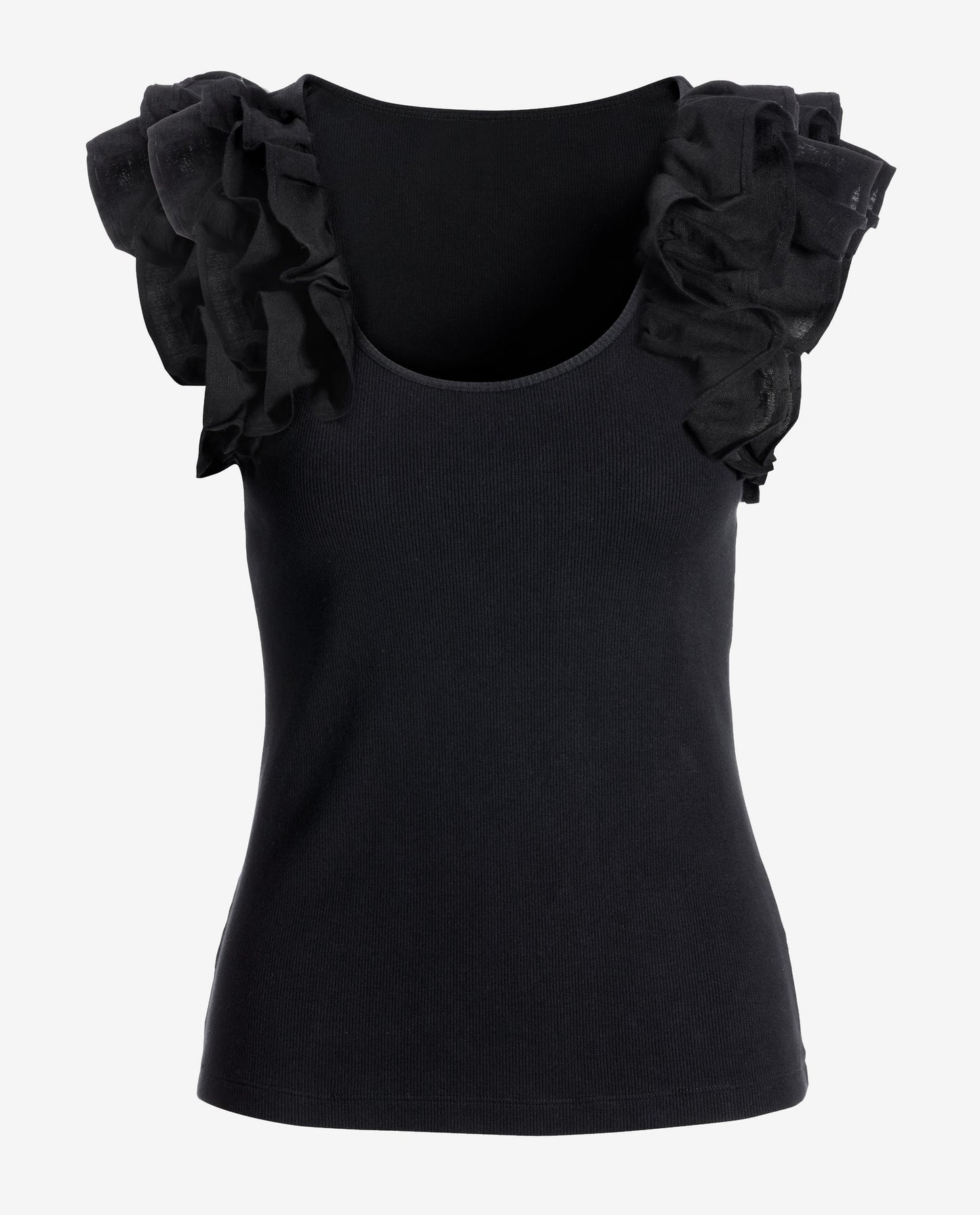 Linen Ruffle Ribbed Top Black