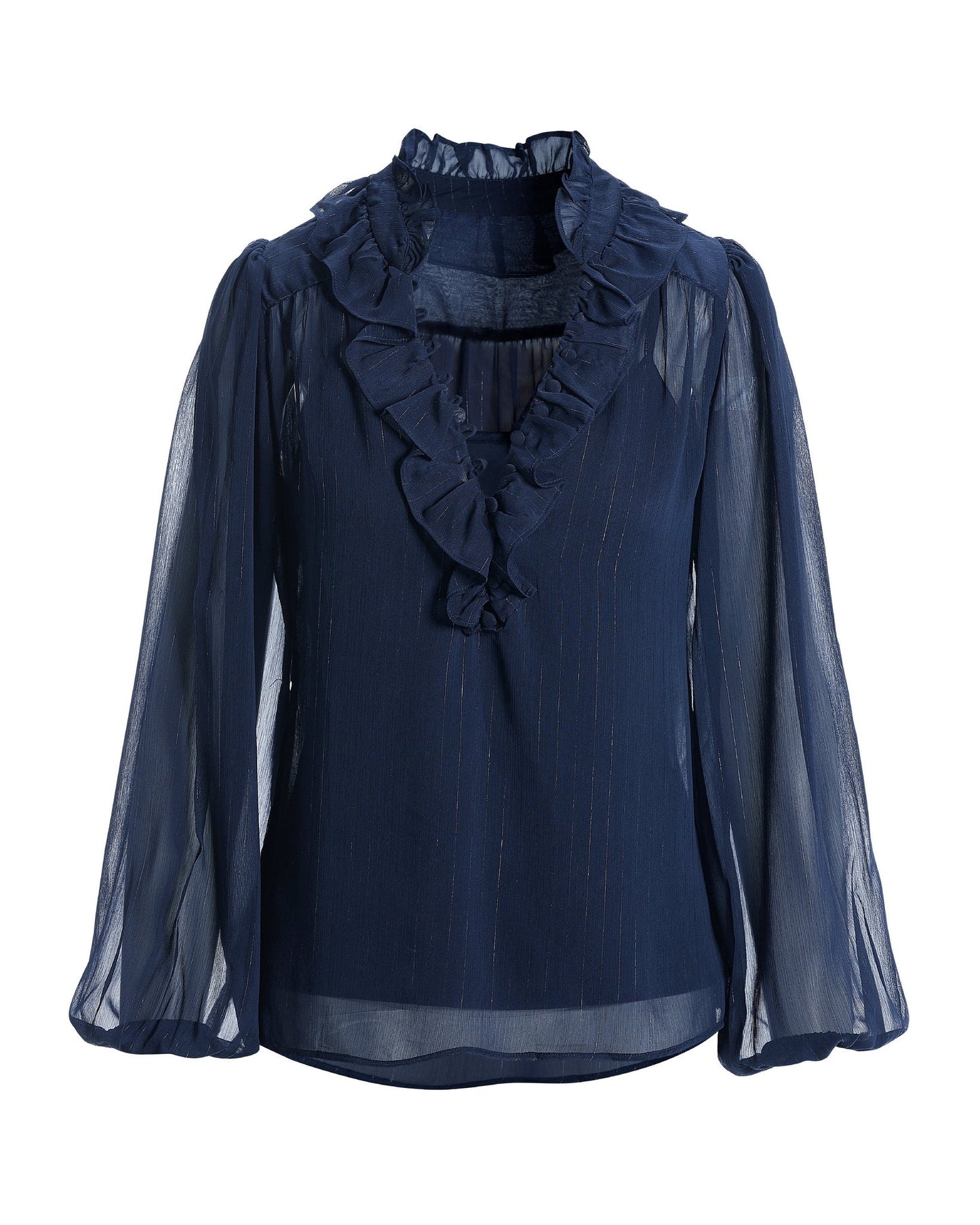 Shimmer Detail Ruffle Peasant Blouse Navy