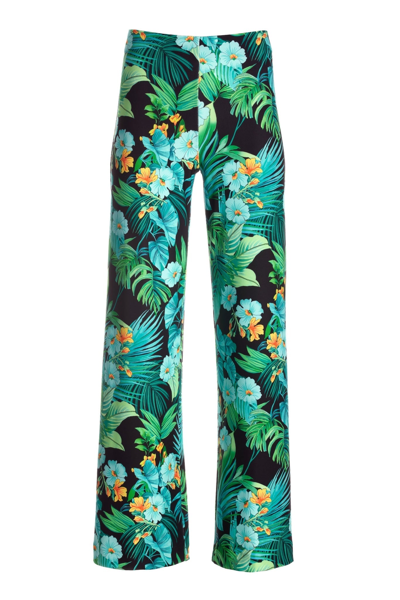 BEYOND TRAVEL TROPICAL PRINTED HIGH RISE PALAZZO PANT Green Multi