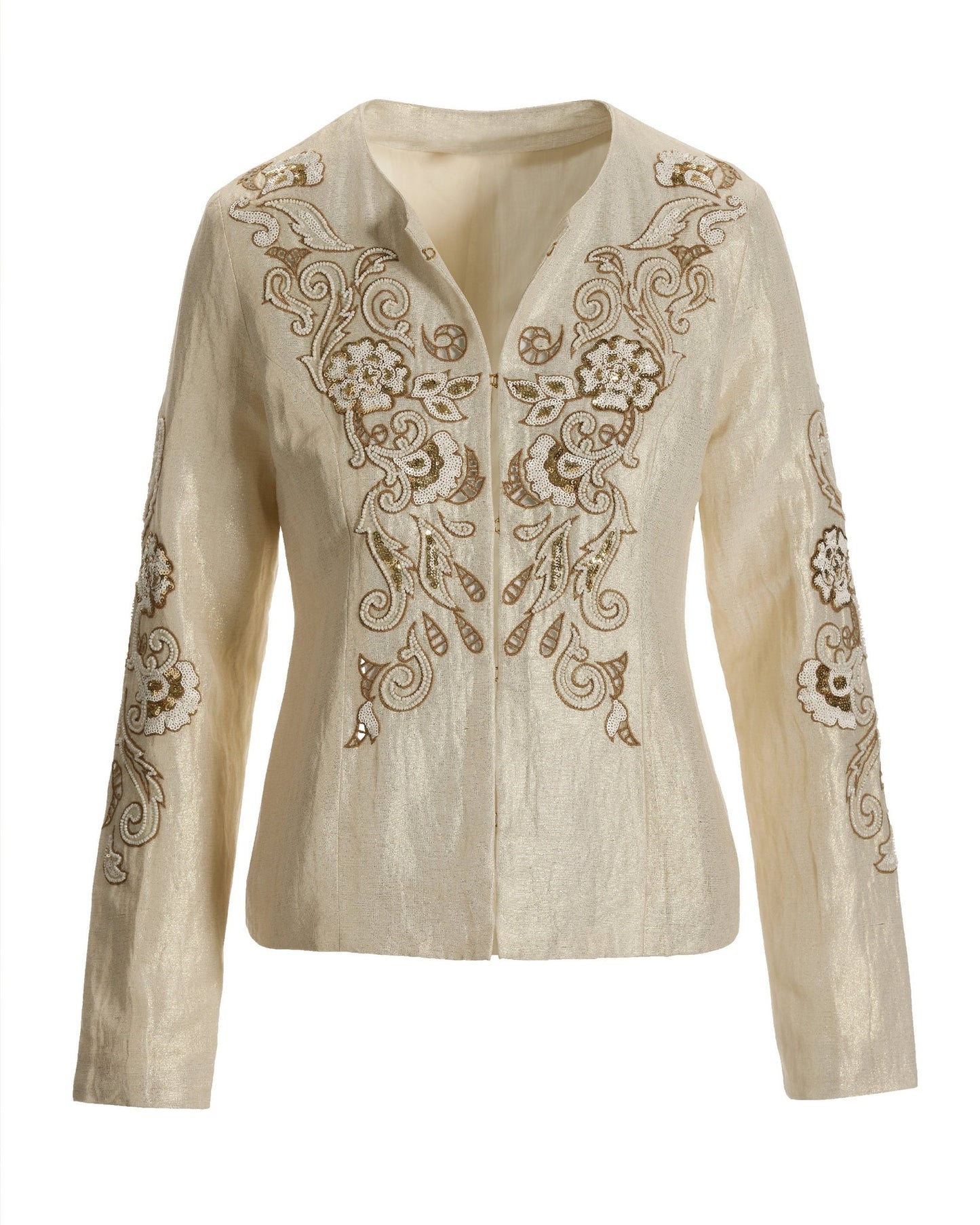 Embroidered and Beaded Shimmer Linen Jacket Tan