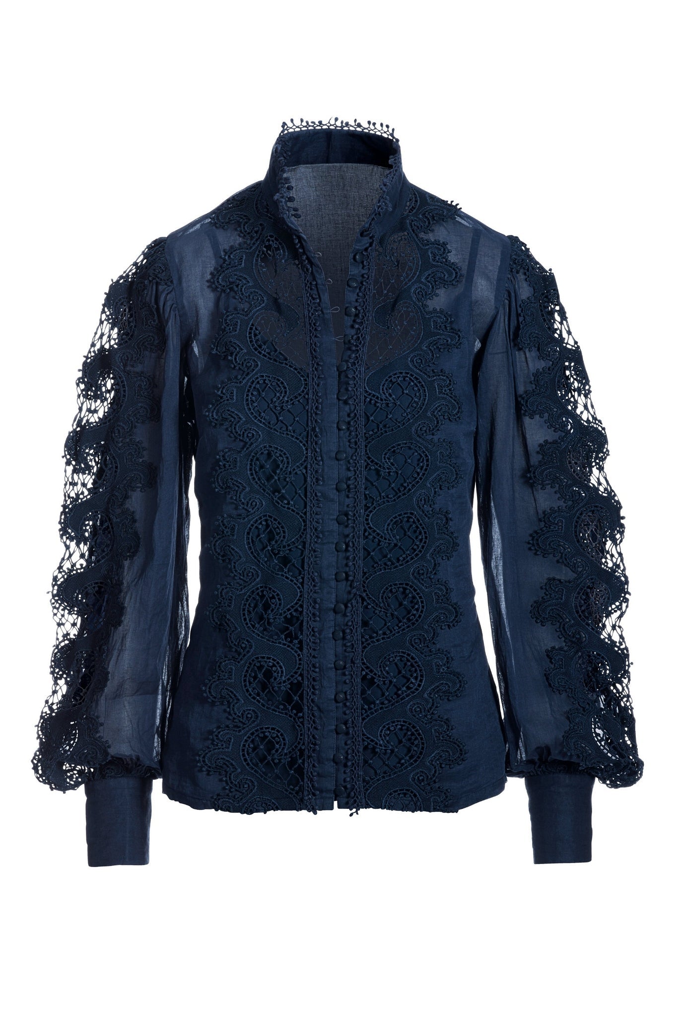 Lace Inset Drama Sleeve Shirt Navy