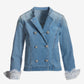 Double Breasted Lace Trim Denim Jacket Medium Wash