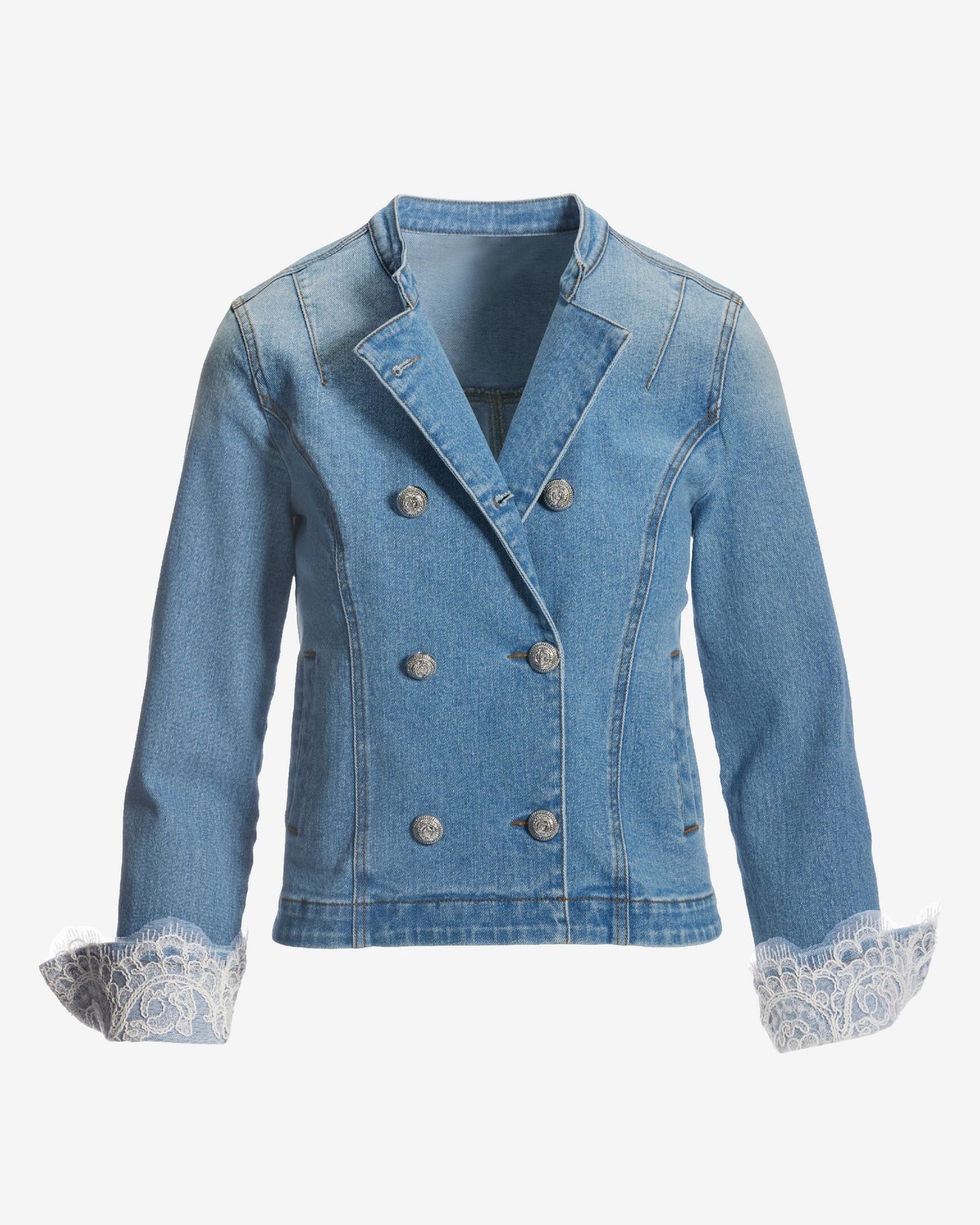 Double Breasted Lace Trim Denim Jacket Medium Wash