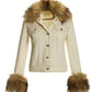 Removable Faux Fur Trim Denim Jacket Off White