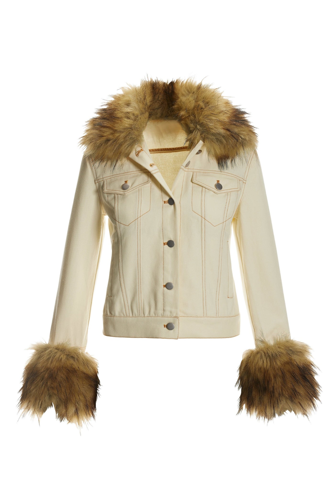 Removable Faux Fur Trim Denim Jacket Off White