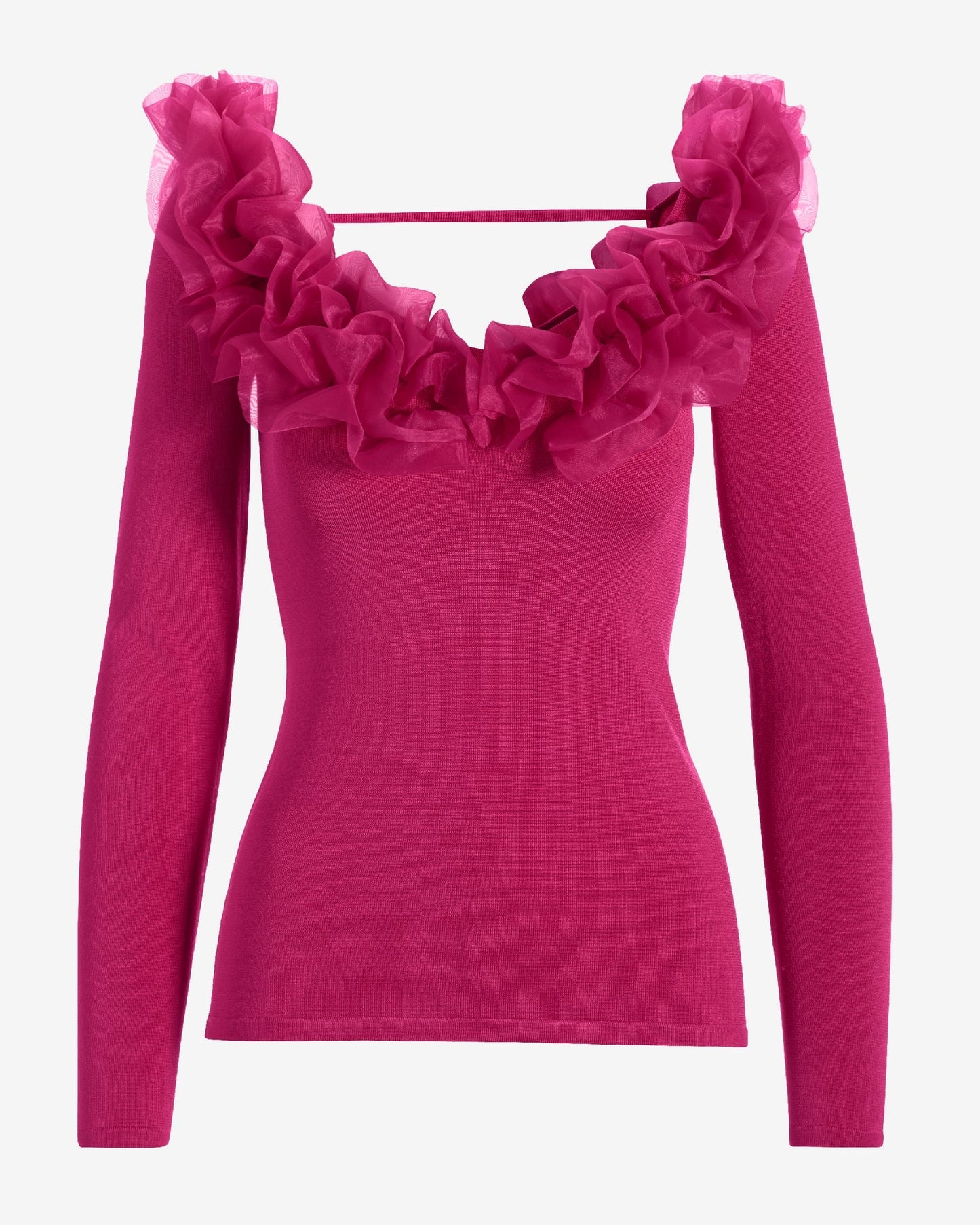 Organza Ruffle V Neck Sweater Raspberry