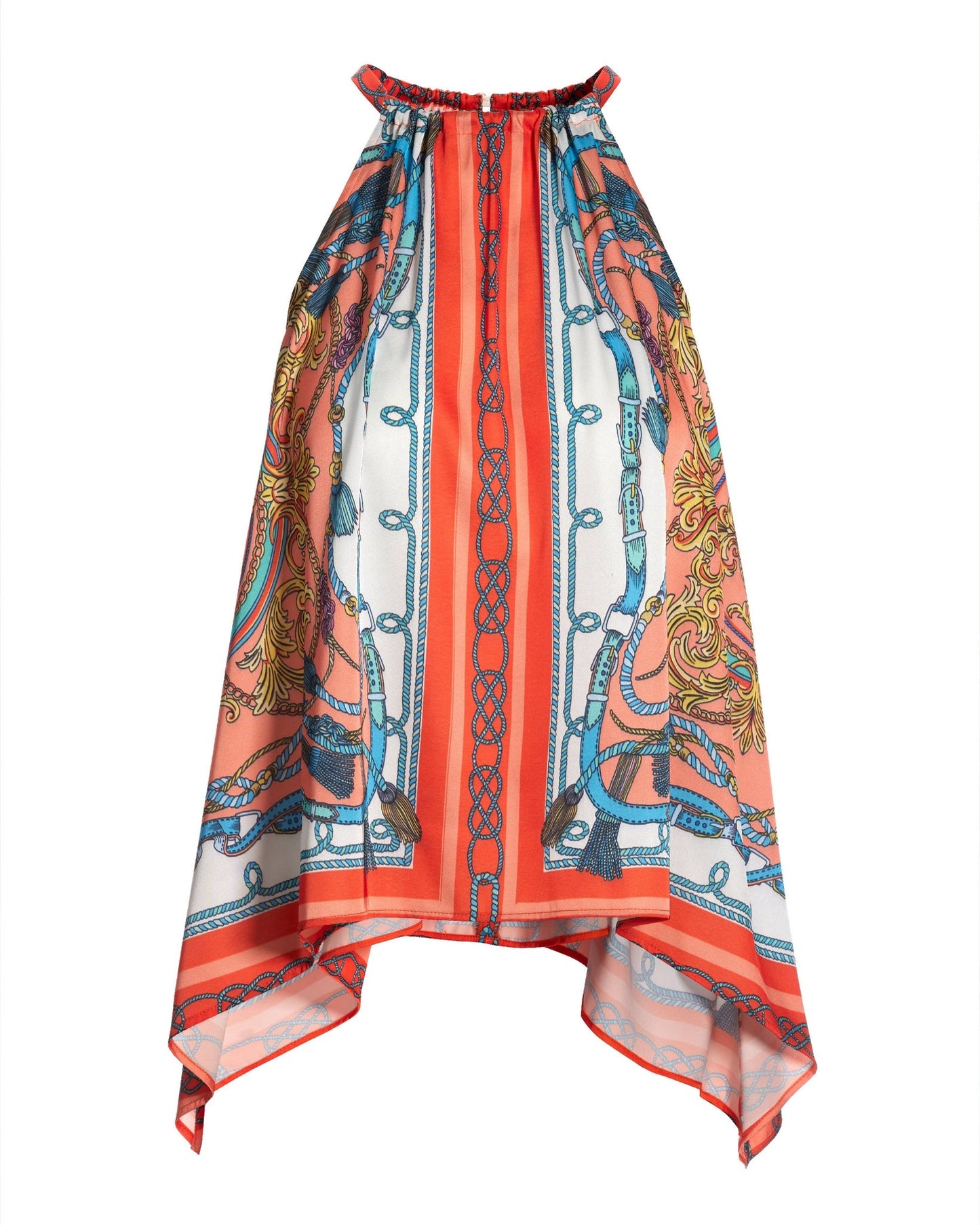 Regal Isla Print Halter Handkerchief Hem Charmeuse Blouse Orange