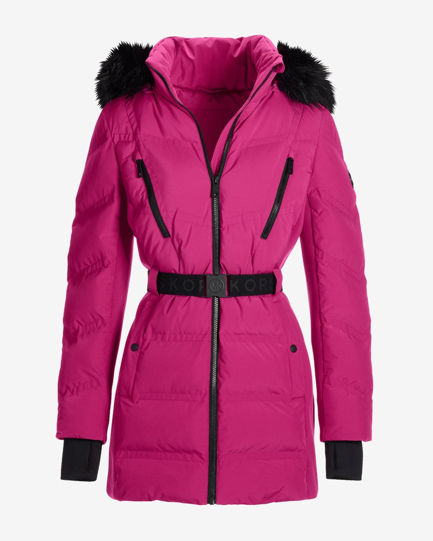Faux Fur Trim Shaped Belted Puffer Jacket Fuchsia