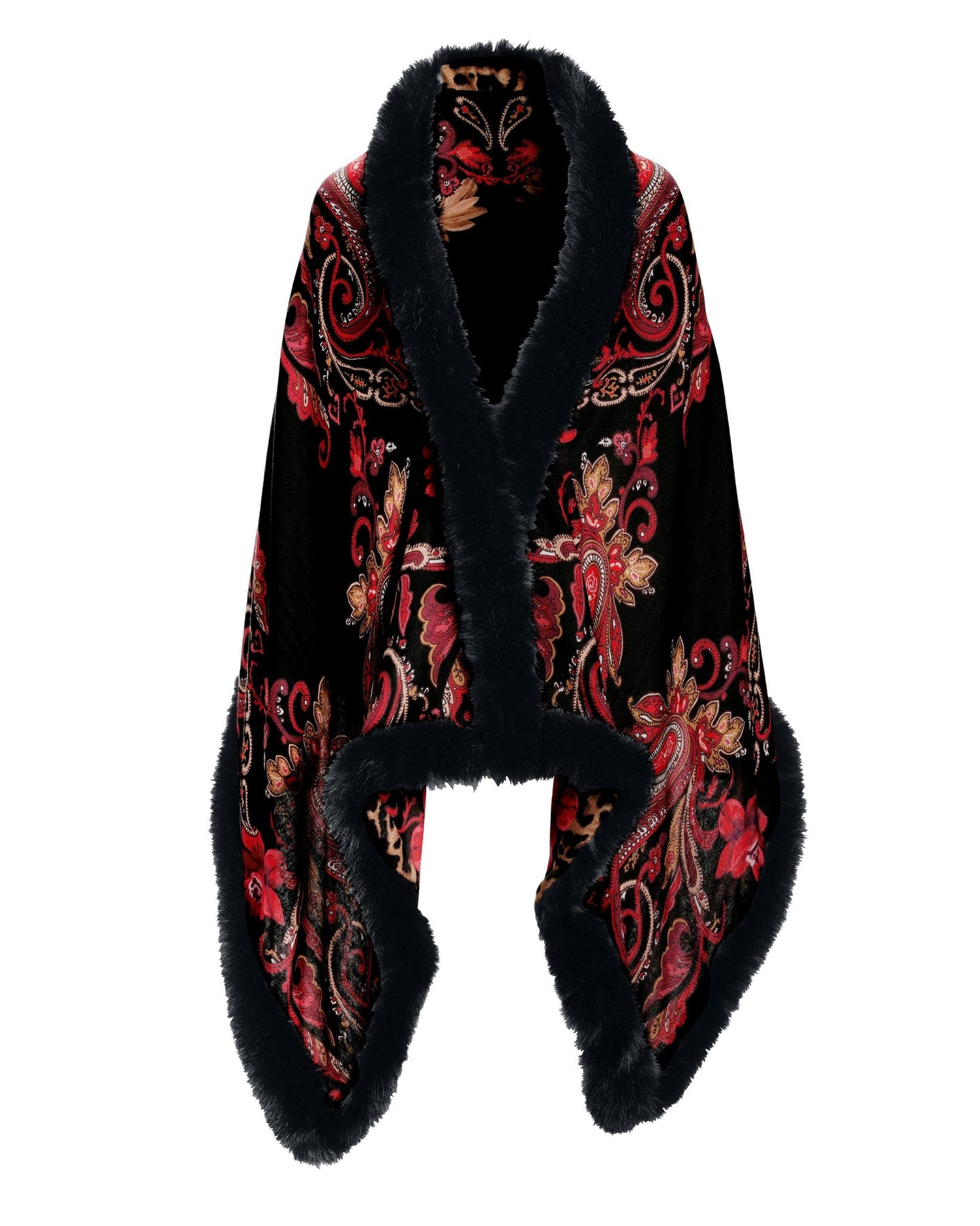Fall Border Print Faux Fur Trim Shawl Black Multi
