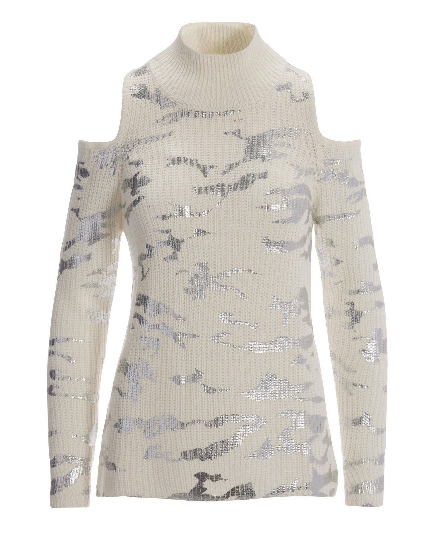 Foil Camo Cold-Shoulder Sweater Off White Silver