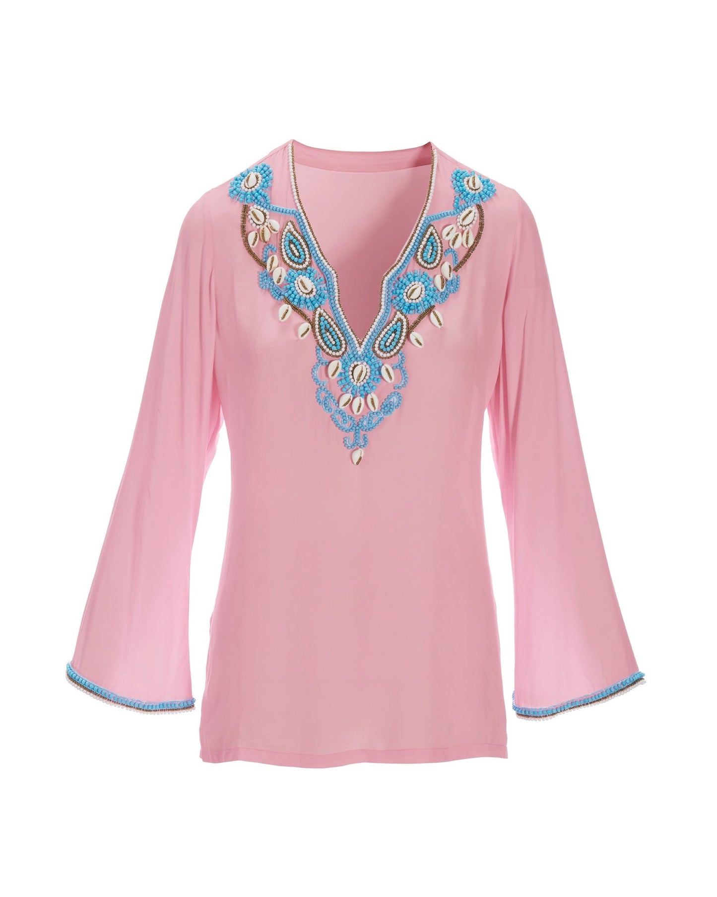 Shell Embellished V-Neck Tunic Top Almond Blossom