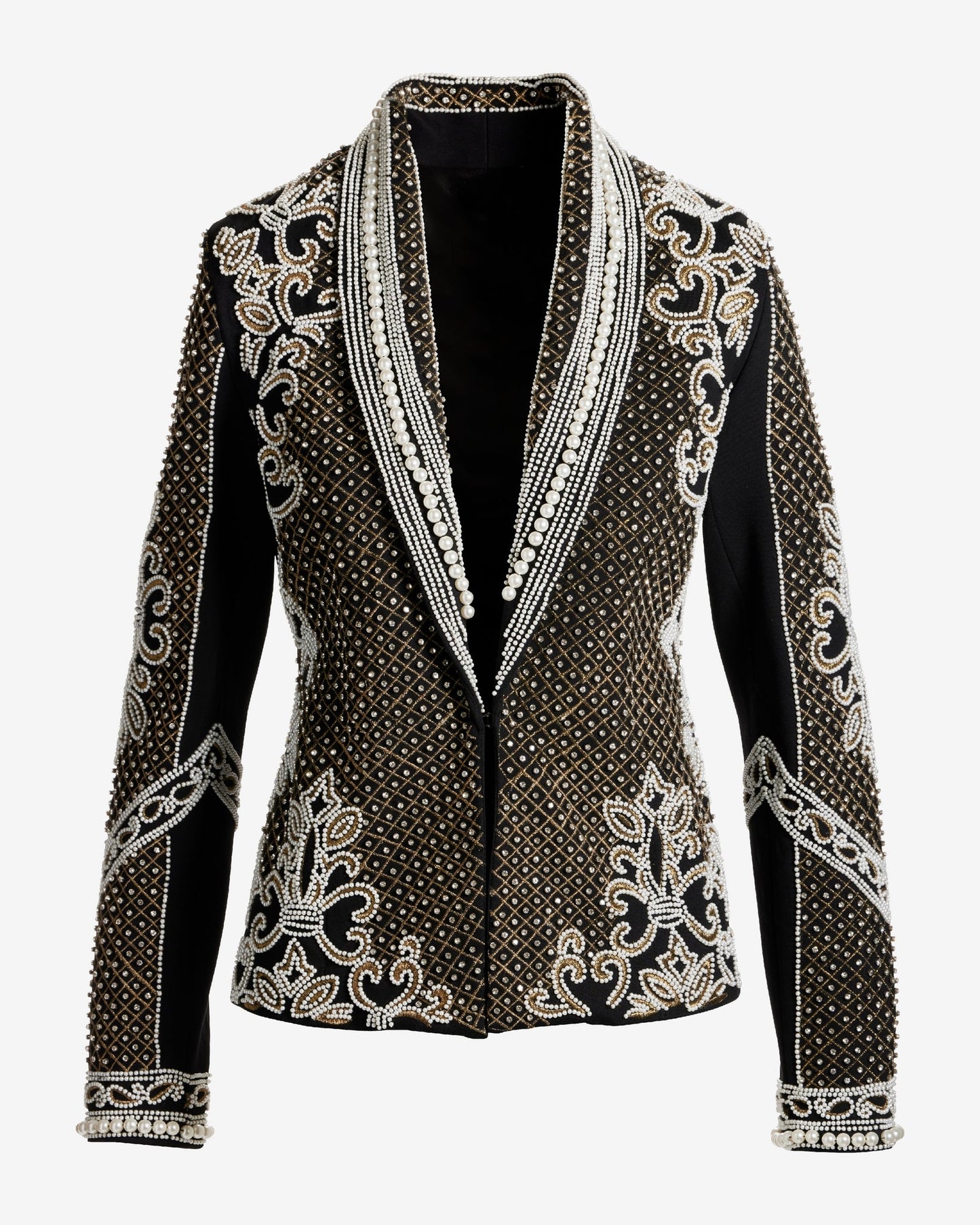 Over The Top Pearl and Rhinestone Embellished Shawl Collar Ponte Jacket Black Multi