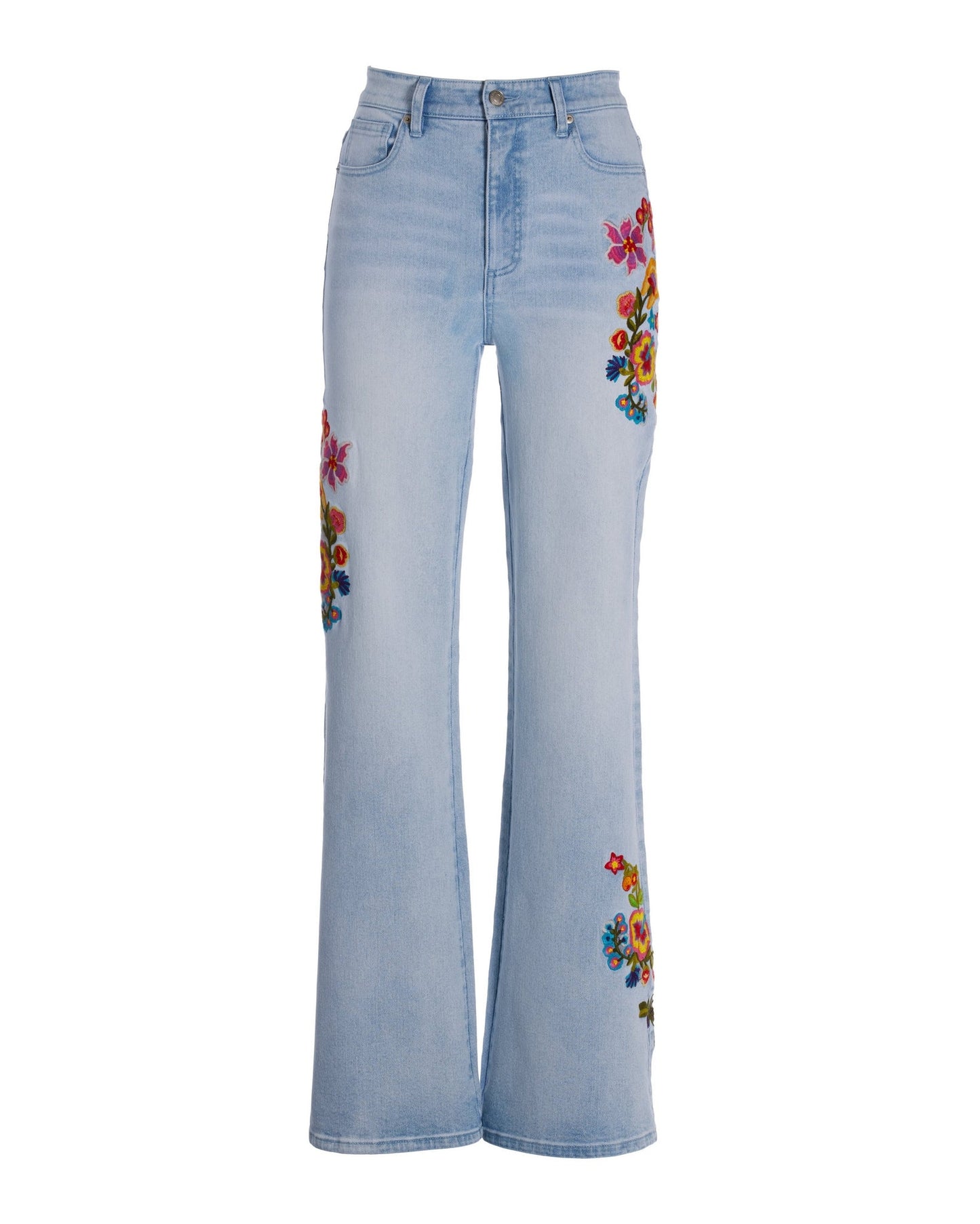 Malibu High Rise Blooming Brights Embroidered Palazzo Jean Light Wash