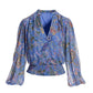 Chic Paisley Mesh Smocked Blouson Knit Top Blue Multi