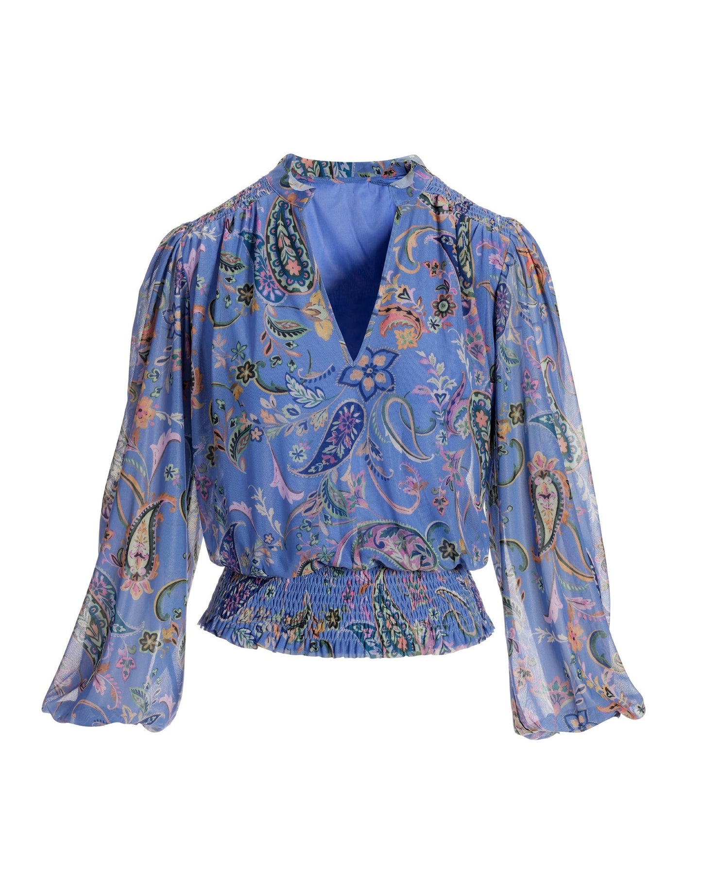 Chic Paisley Mesh Smocked Blouson Knit Top Blue Multi
