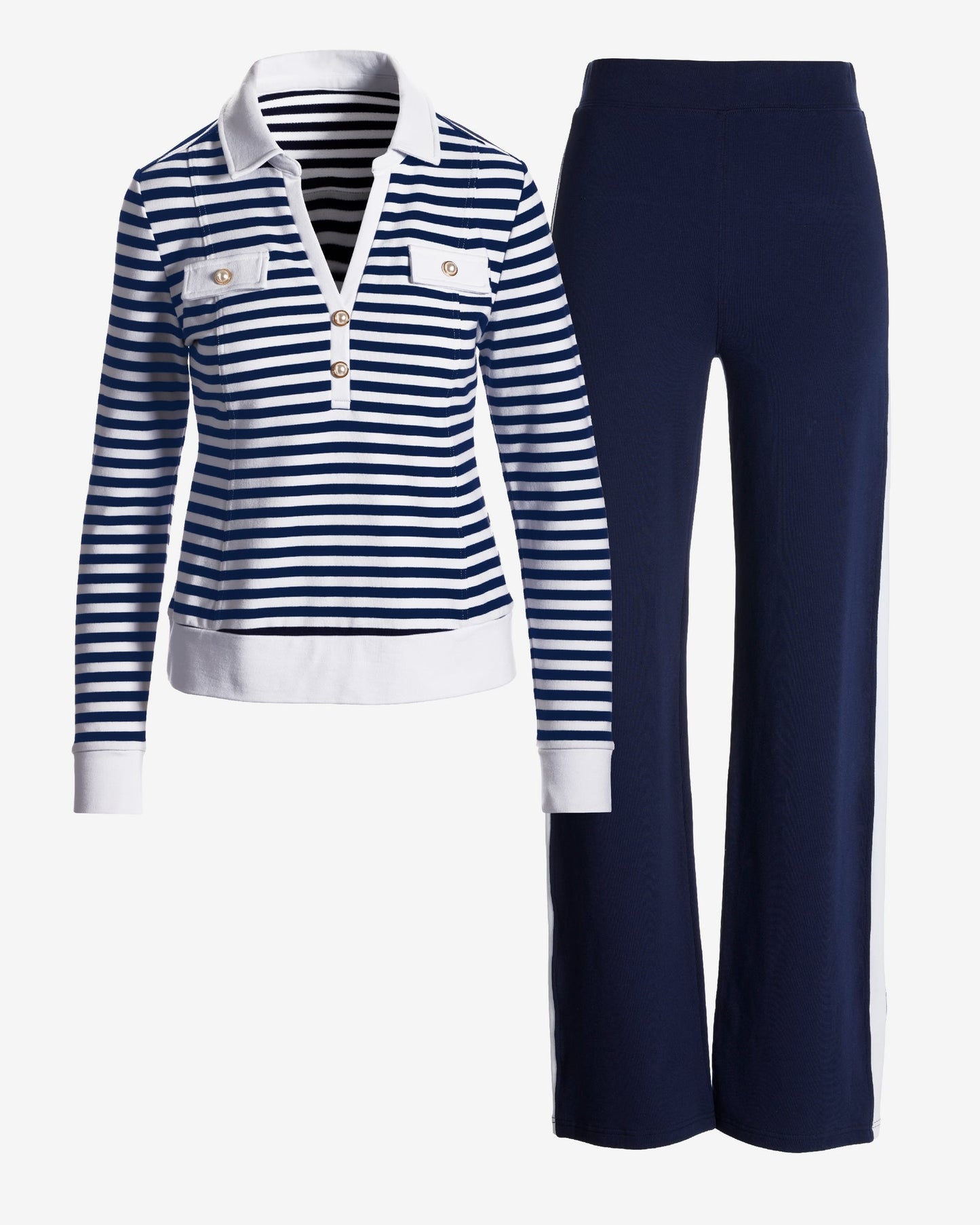 Pearl Stripe French Terry Top and Pant Set Navy/White