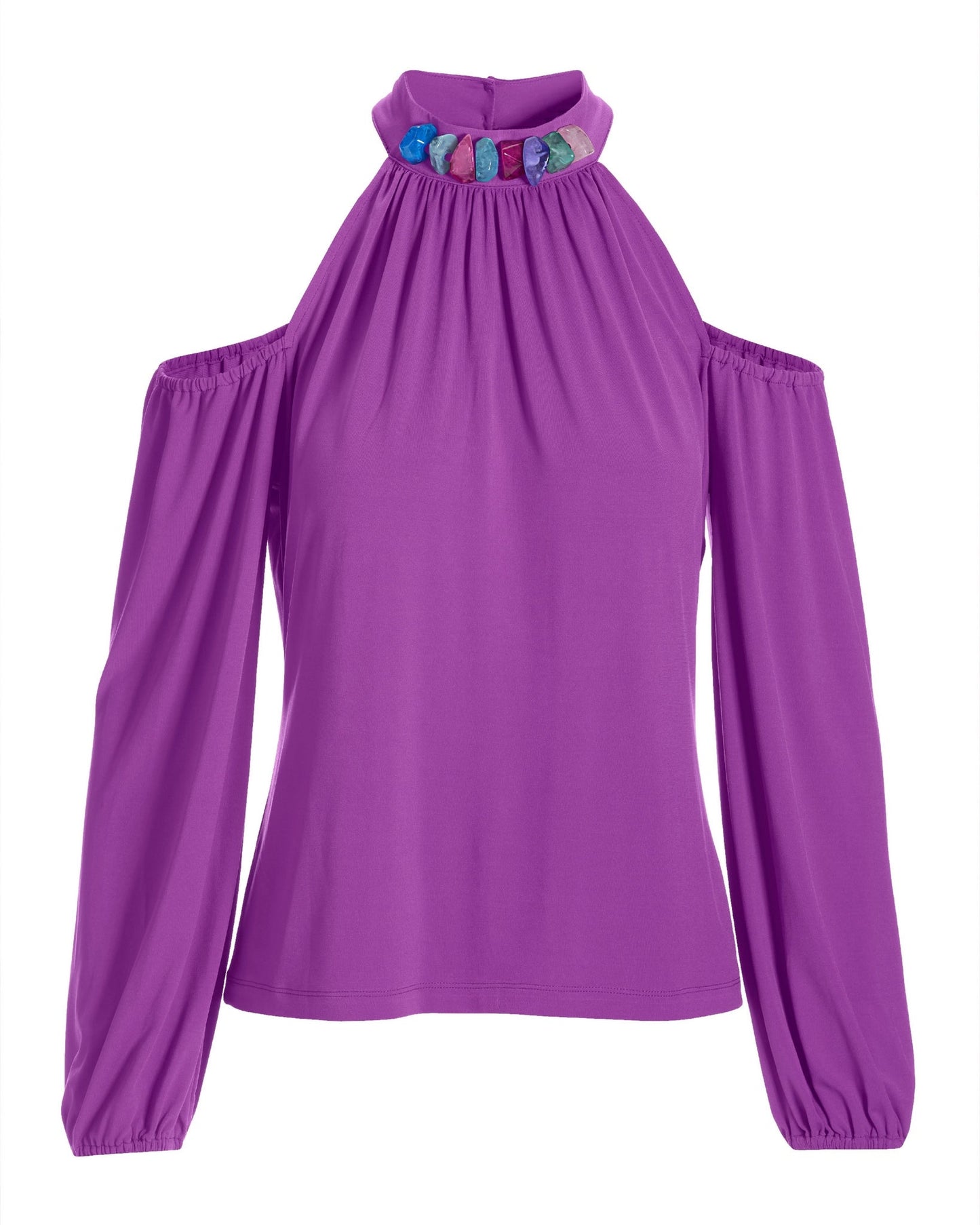 So Chic Cold Shoulder Beaded Neck Top Dahlia