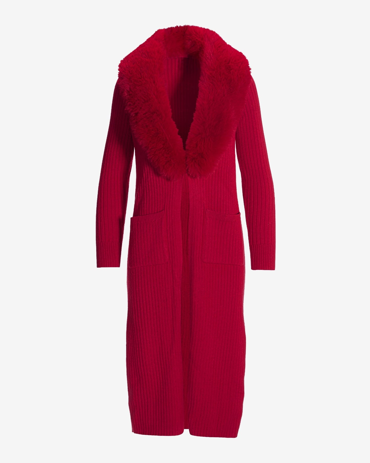 Faux Fur Collar Ribbed Long Cardigan Jester Red