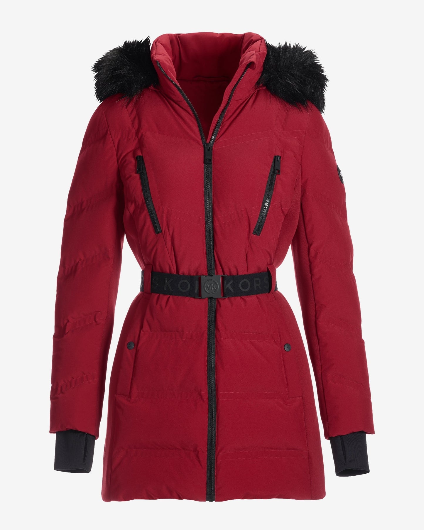 Faux Fur Trim Shaped Belted Puffer Jacket Deep Red