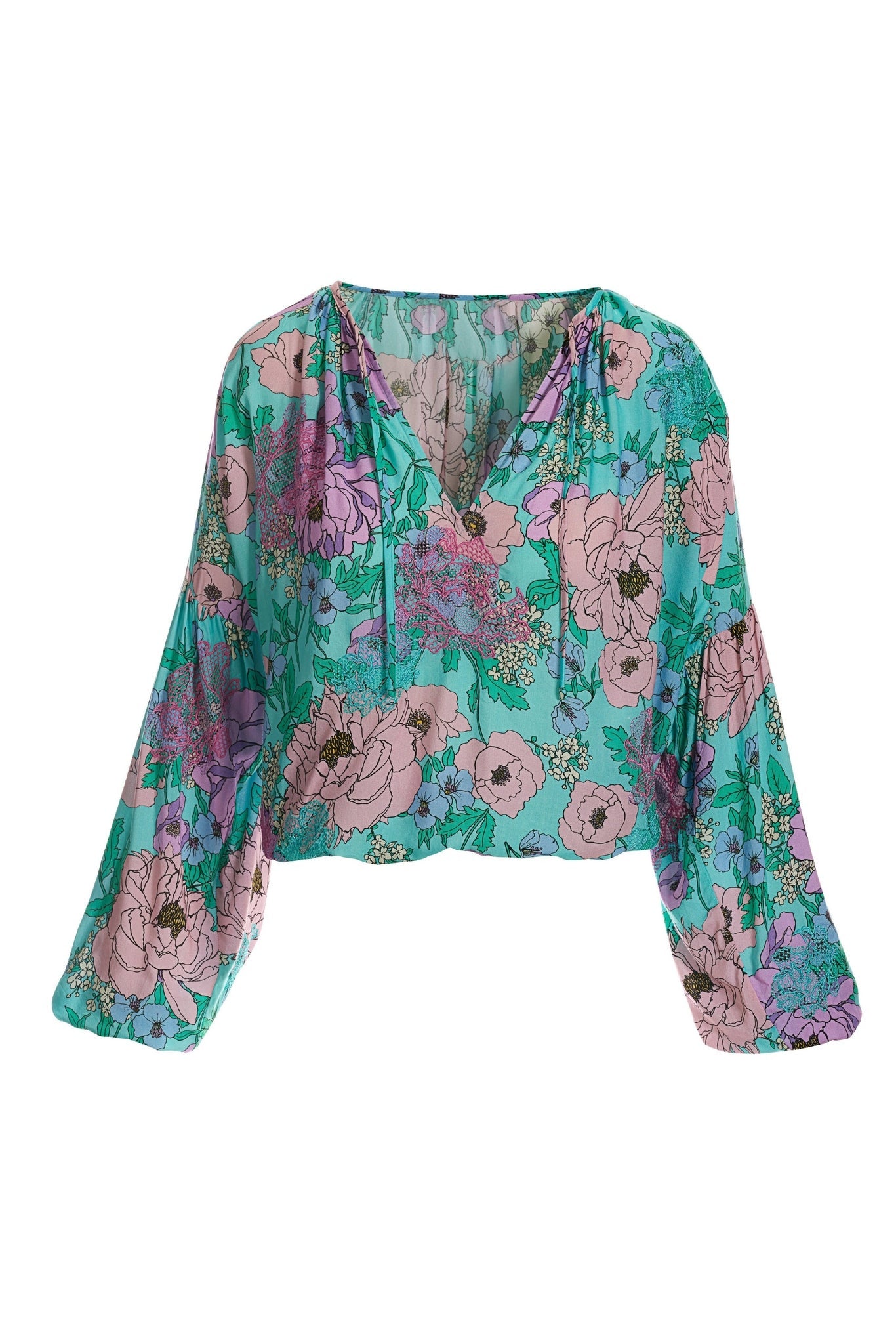 Peony Garden Print Embroidered Peasant Blouse Multi