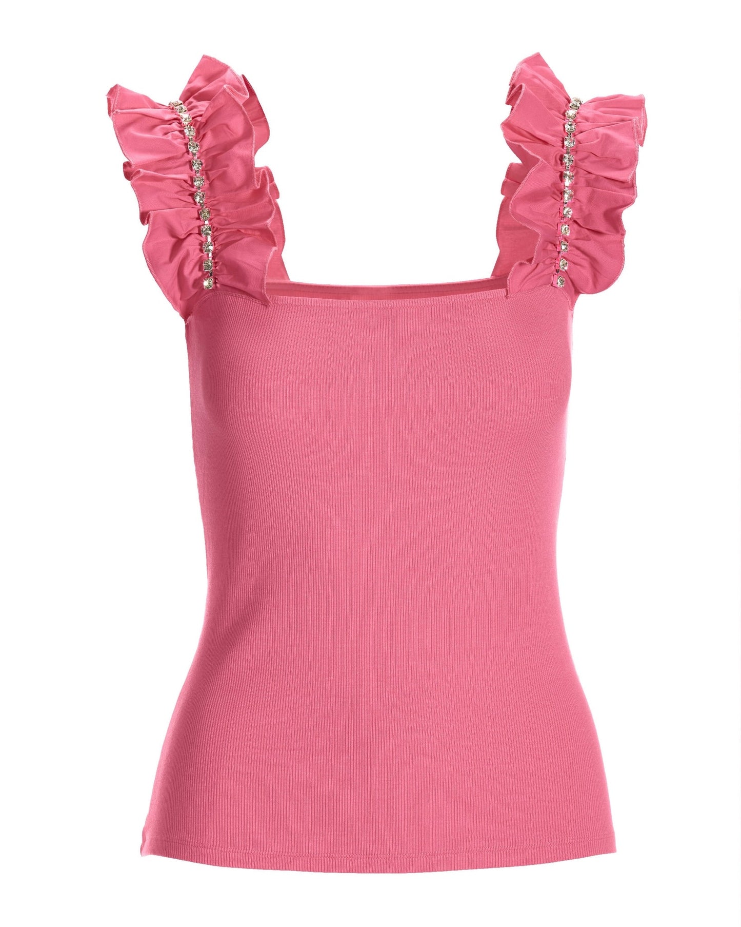 Rhinestone Ruffle Sleeve Tank Top Aurora Pink