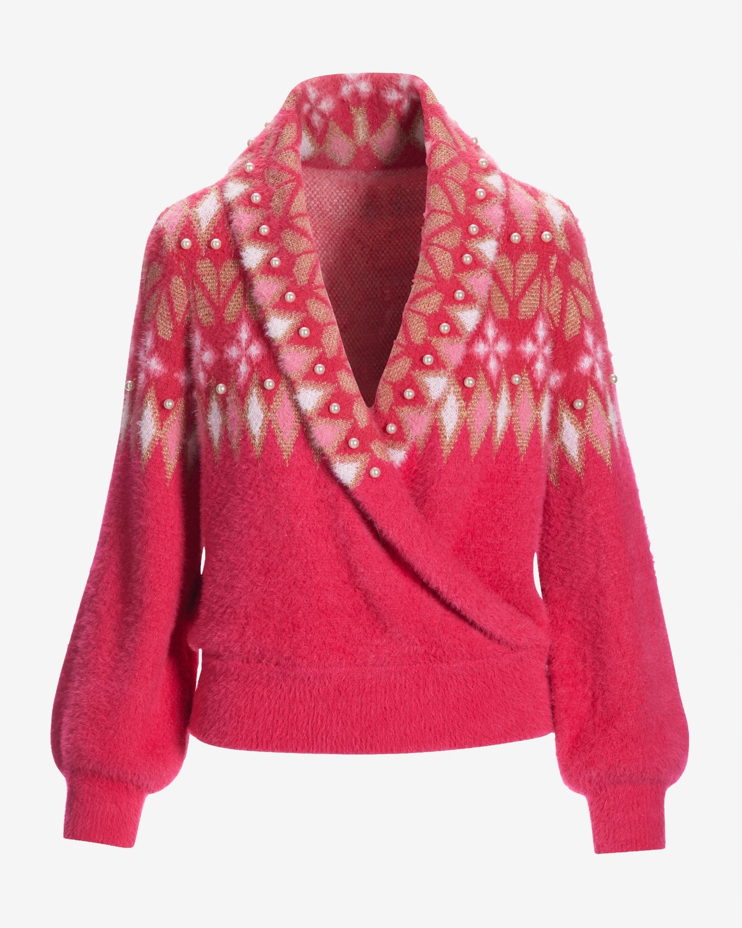 Fair Isle Shawl Collar Sweater Raspberry