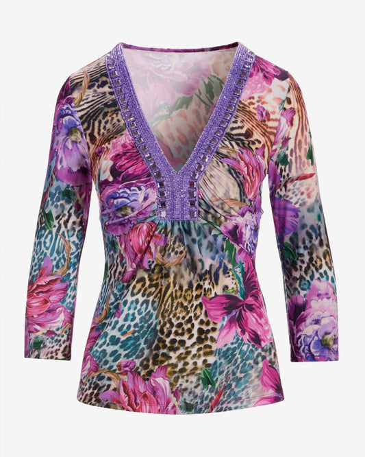 So Chic Abstract Animal Print Embellished V-Neck Top Alexandra Animal