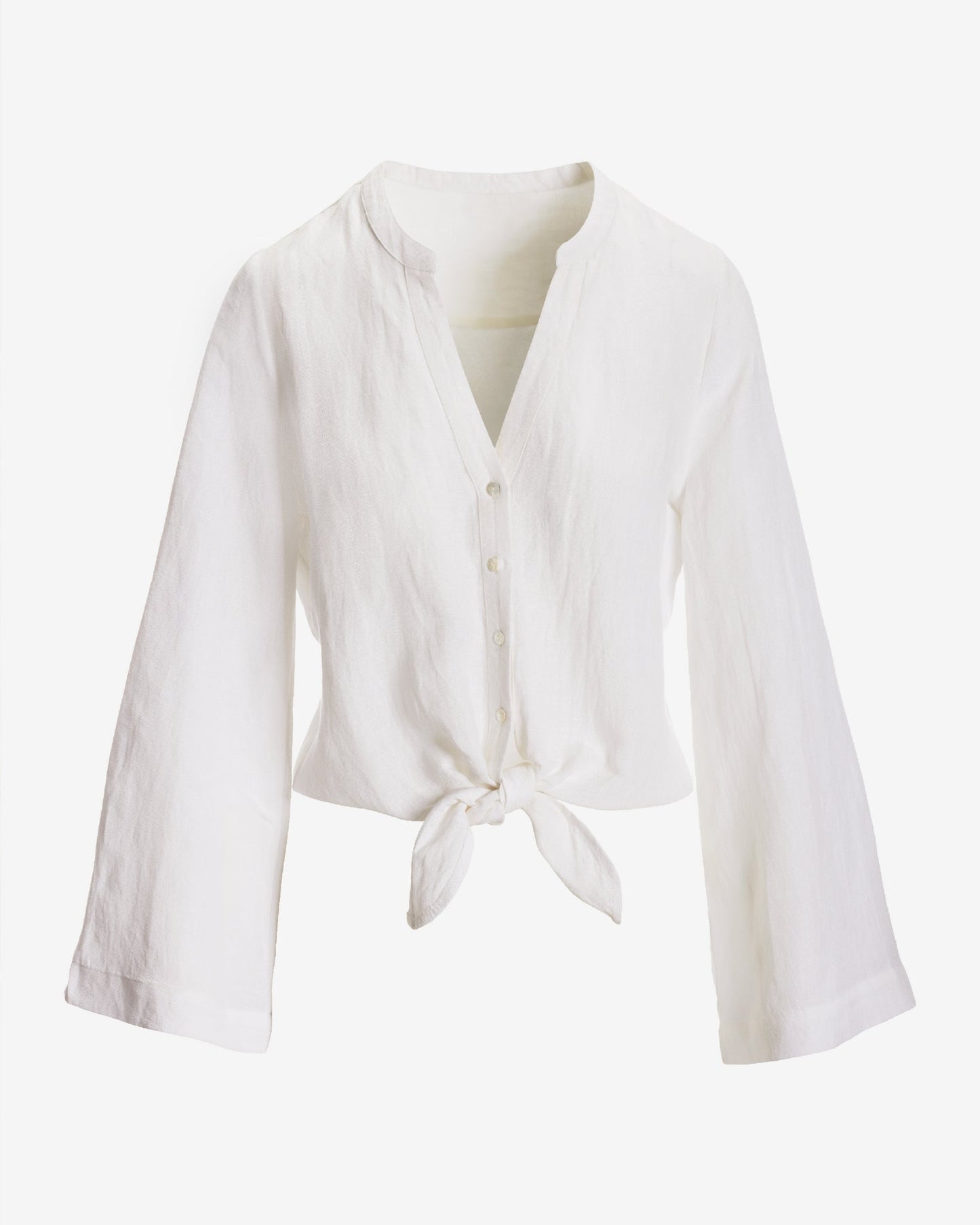Linen Flare Sleeve Tie Front Shirt White