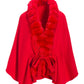 Faux Fur Tie Waist Poncho Racing Red