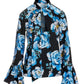 Winter Floral Print Keyhole Tie Neck Ruffle Sleeve Blouse Blue