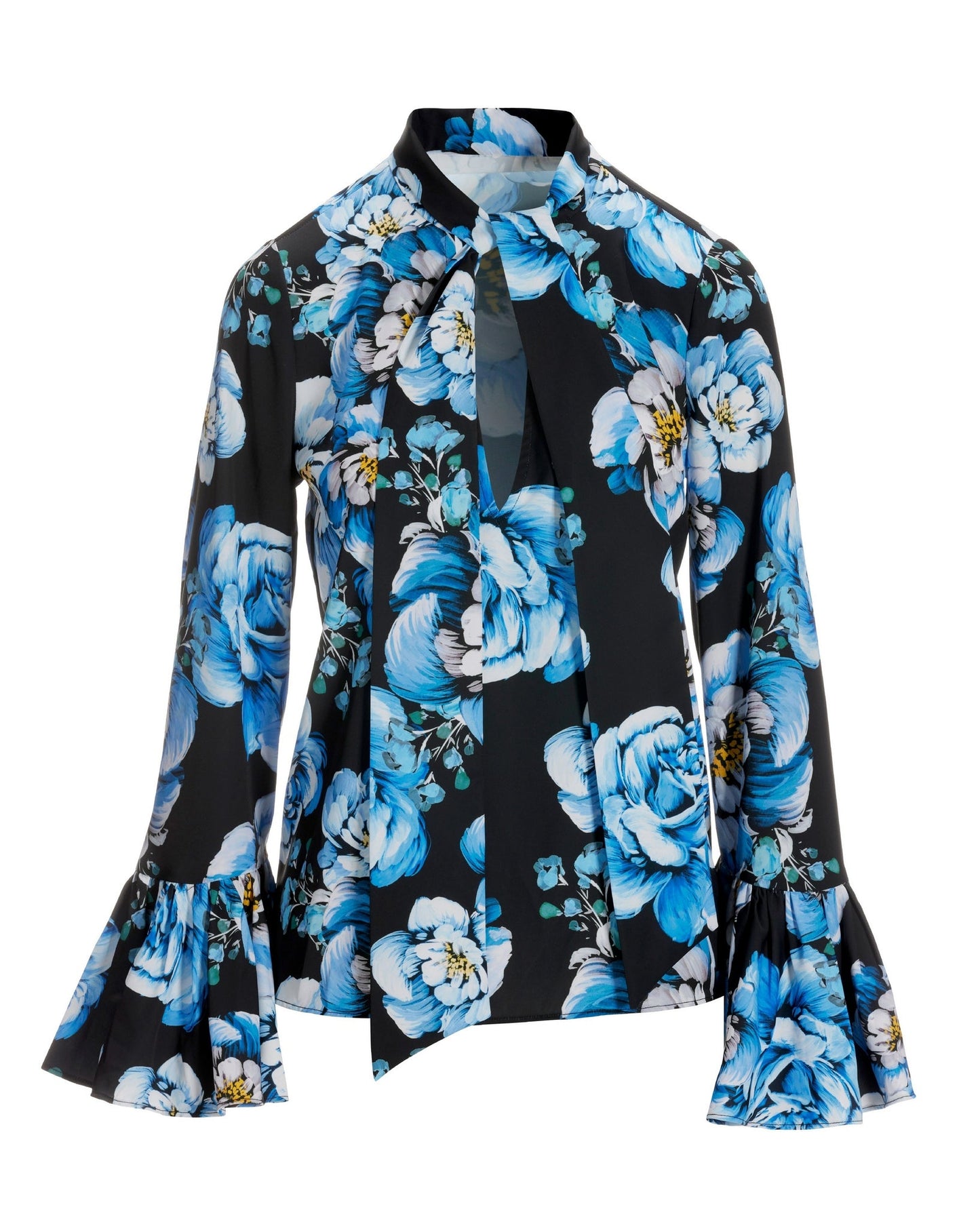 Winter Floral Print Keyhole Tie Neck Ruffle Sleeve Blouse Blue