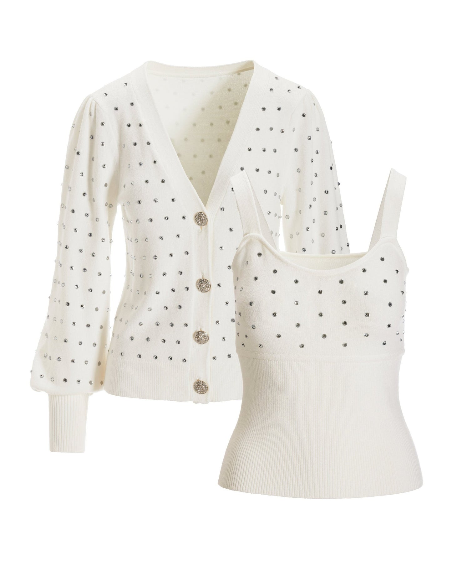 Rhinestone Embellished Button Up Cardigan Set Off White