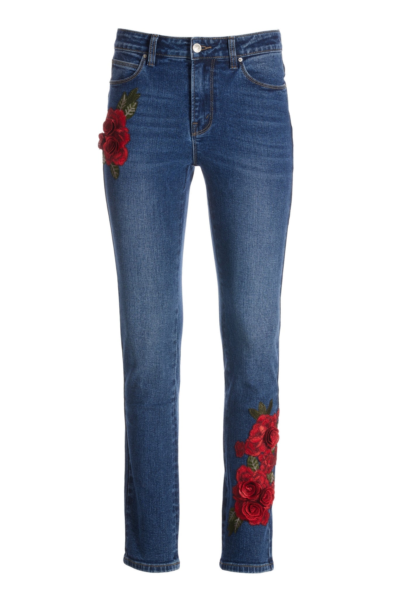 Rose Embellished Slim Straight-Leg Jean Medium Wash