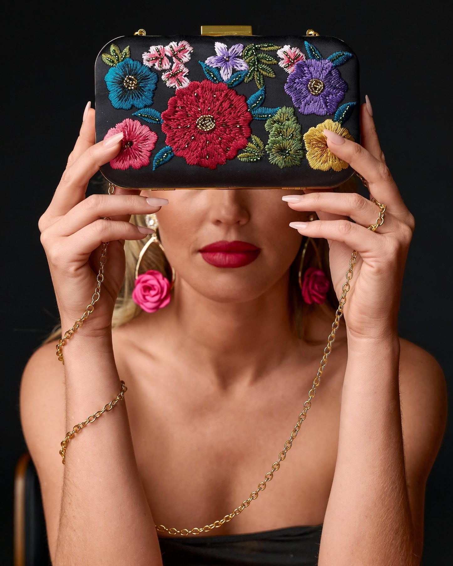 Embroidered Beaded Clutch Black Multi
