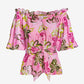 Print Linen Puff Sleeve Tie Waist Peplum Blouse Painted Poppies